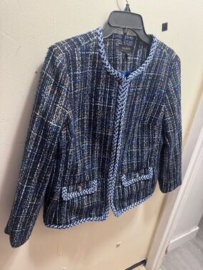 Talbots Navy & Light Blue Tweed Braided Trim Jacket size 14